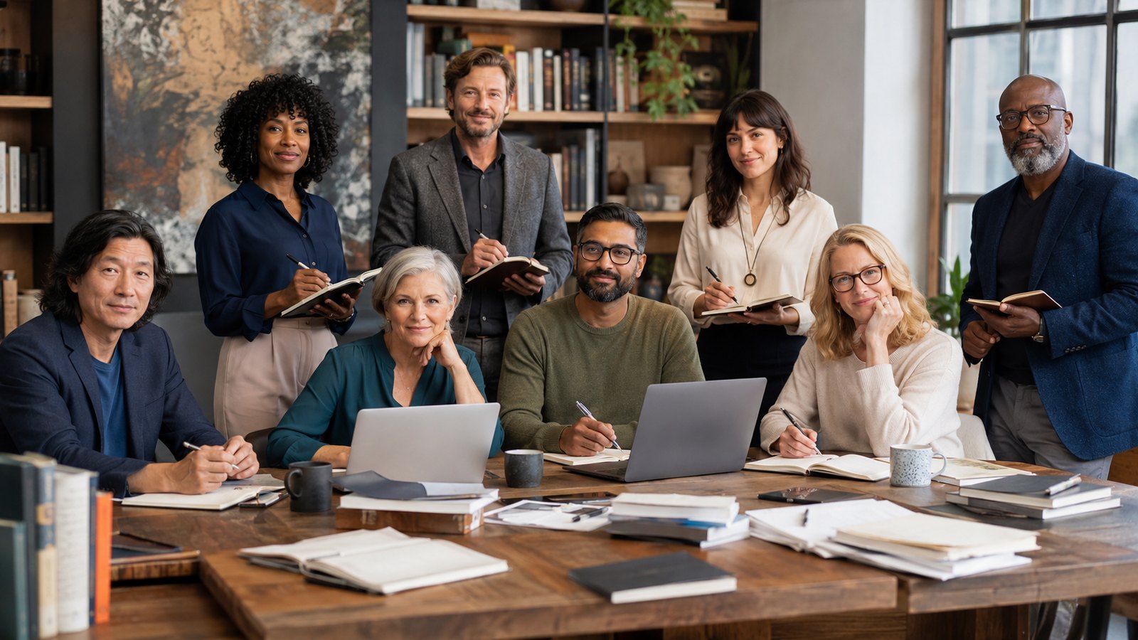 Contributing professionals at work around an editorial table